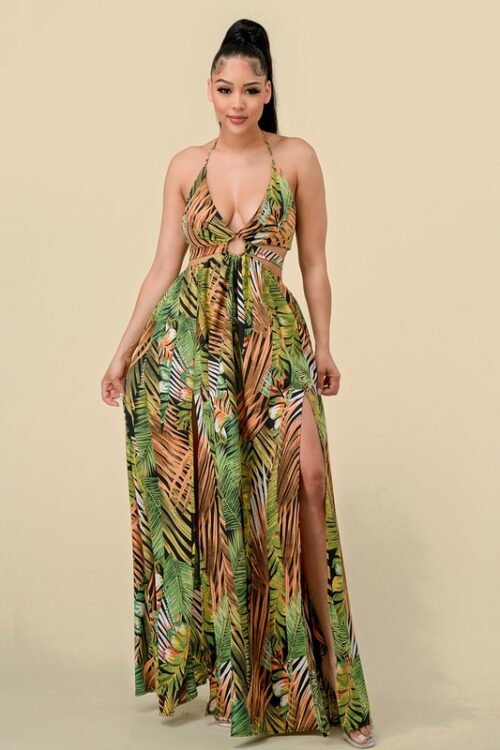 TROPICAL PRINT HALTER NECK SLIT DRESS - Image 4