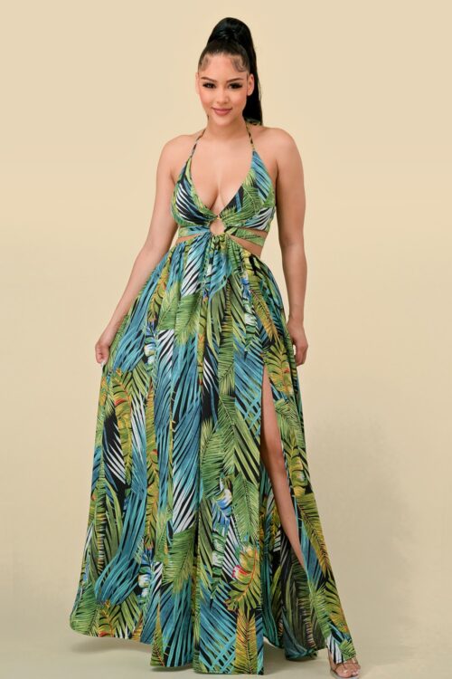 TROPICAL PRINT HALTER NECK SLIT DRESS